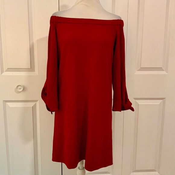 TIBI Red Crepe Off Shoulder Tie Sleeve Shift Mini Dress Size 4 - Picture 3 of 12